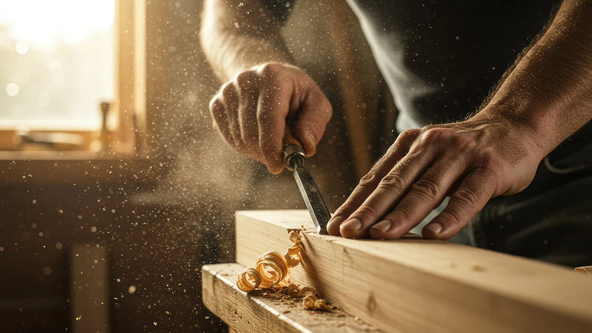 Close-up of a person’s hands using a chisel to carve a piece of wood, with wood shavings curling and dust particles floating in the sunlight of a woodworking workshop.