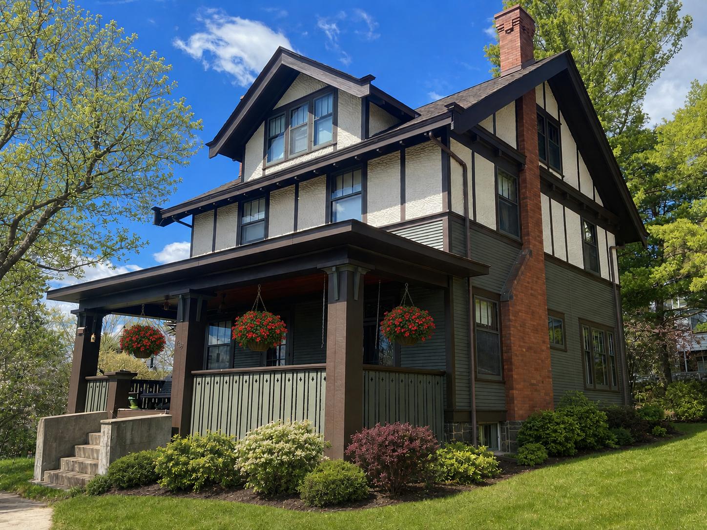A two-story Craftsman-style house with dark green and white exterior, a brick chimney, covered porch, hanging flower baskets, and lush landscaping, set under a blue sky with scattered clouds and surrounding trees.