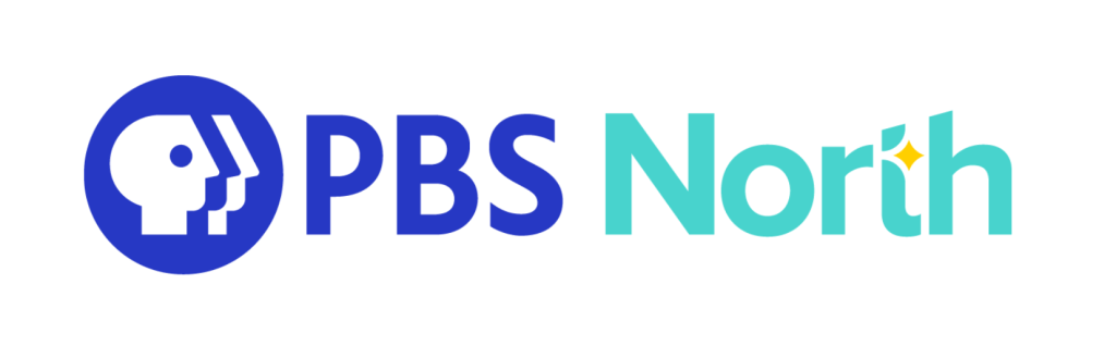 PBS North logo featuring the iconic PBS stylized profile in a blue circle, followed by the text "PBS North." "PBS" is in dark blue, and "North" is in light teal with a yellow star above the "i".