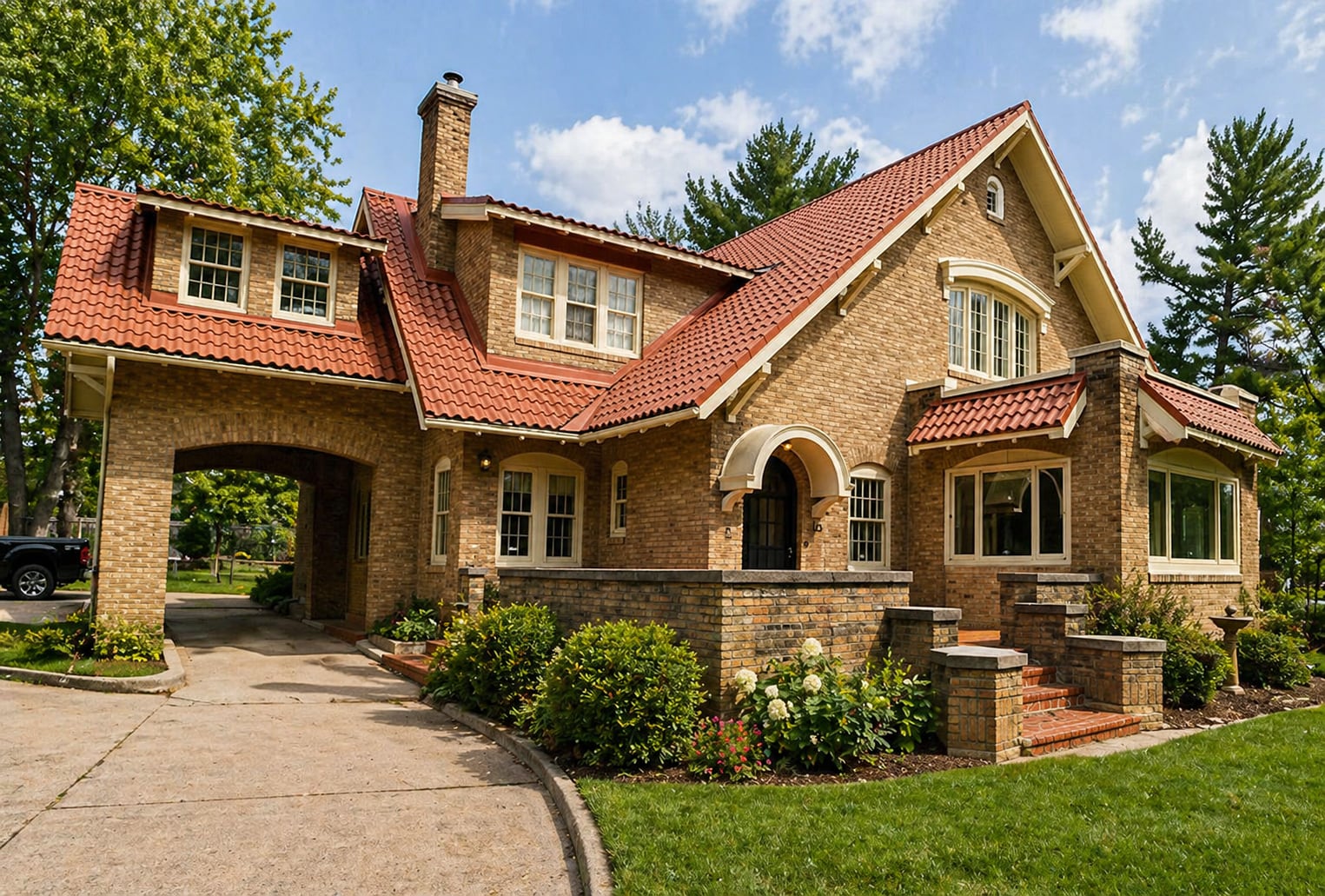 A large brick house with a red tile roof, arched doorway, and attached carport. The front yard has green shrubs and flowers, and the driveway curves toward the entrance under a partly cloudy sky.