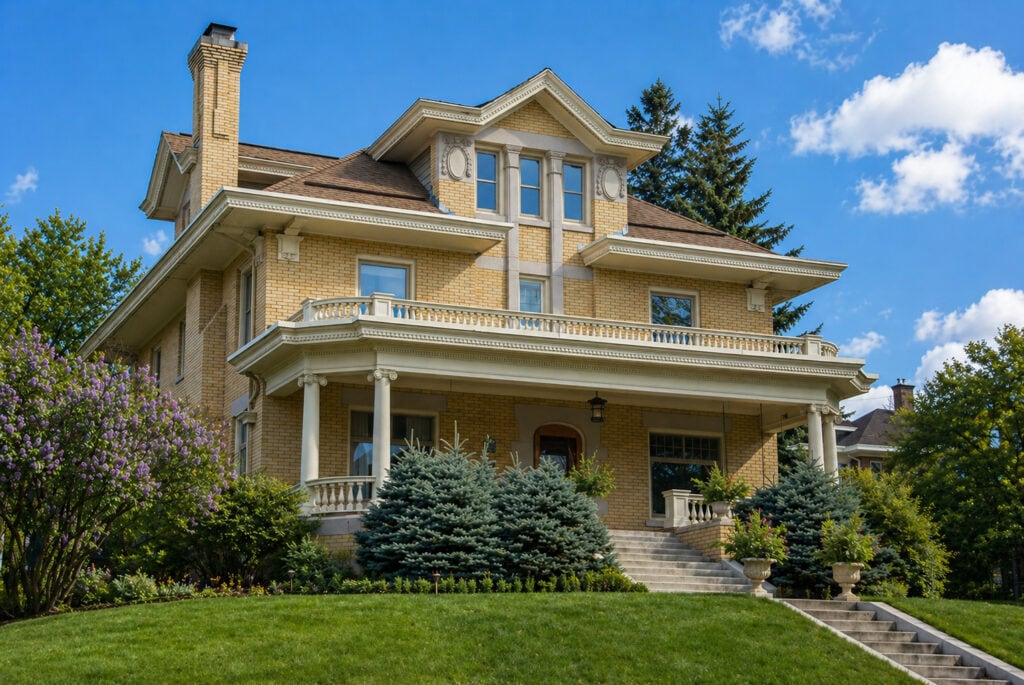 Large, two-story brick house with a wide front porch, white trim, and decorative columns. Manicured shrubs and trees surround the front steps, set against a blue sky with scattered clouds.