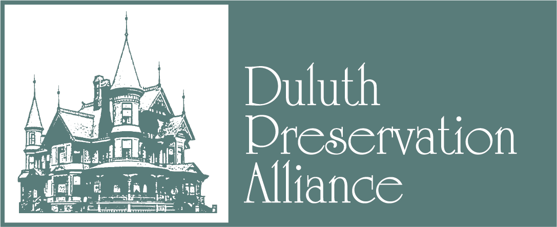 Logo for Duluth Preservation Alliance with a sketch of a Victorian-style house on the left and the organization’s name in elegant white text on a green background.