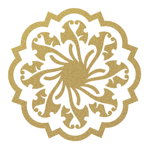 A gold, glittery, symmetrical floral mandala design with ornate, curved petals and a scalloped outer edge on a light background.