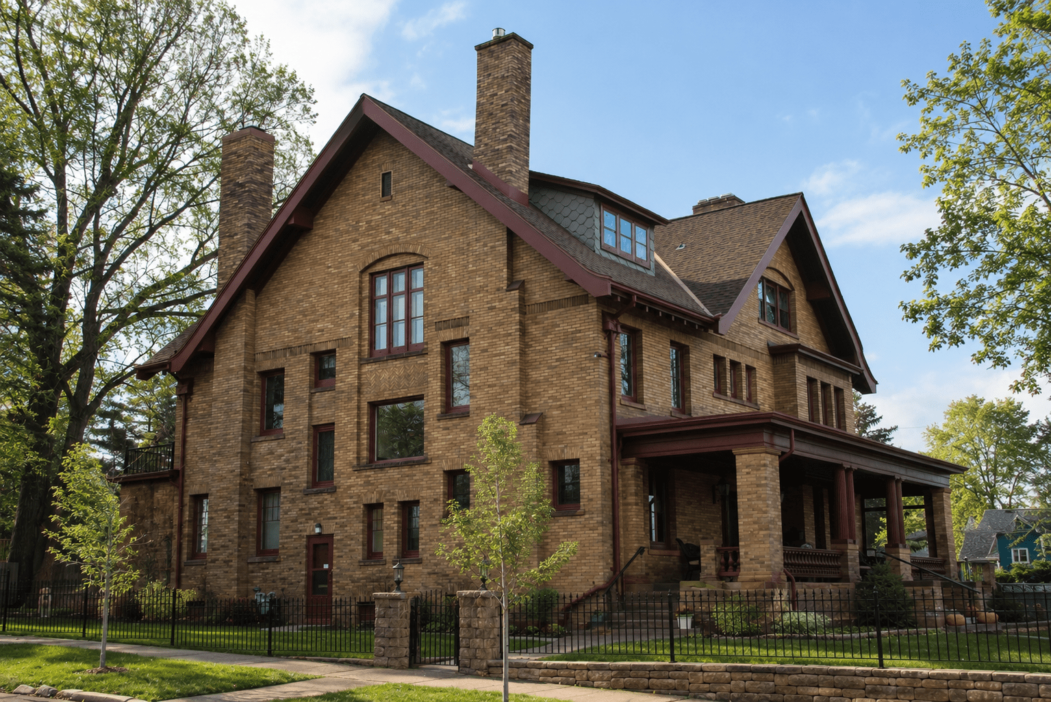 Large, two-story historic brick house with tall chimneys, gabled roof, and covered front porch, surrounded by a black fence, green lawn, and leafy trees under a blue sky.