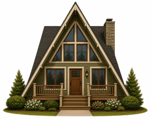 A green A-frame house with large windows, a wooden porch, and a stone chimney, surrounded by green shrubs, flowering plants, and two evergreen trees on either side.