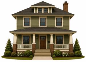 A two-story green house with a covered front porch, brick columns, a central wooden door, several windows, and landscaped bushes and trees around the entrance.