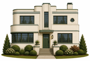 A two-story Art Deco house with cream-colored walls, green trim, symmetrical design, large windows, and rounded corners, surrounded by manicured bushes, shrubs, and two small trees. Steps lead to a green front door.