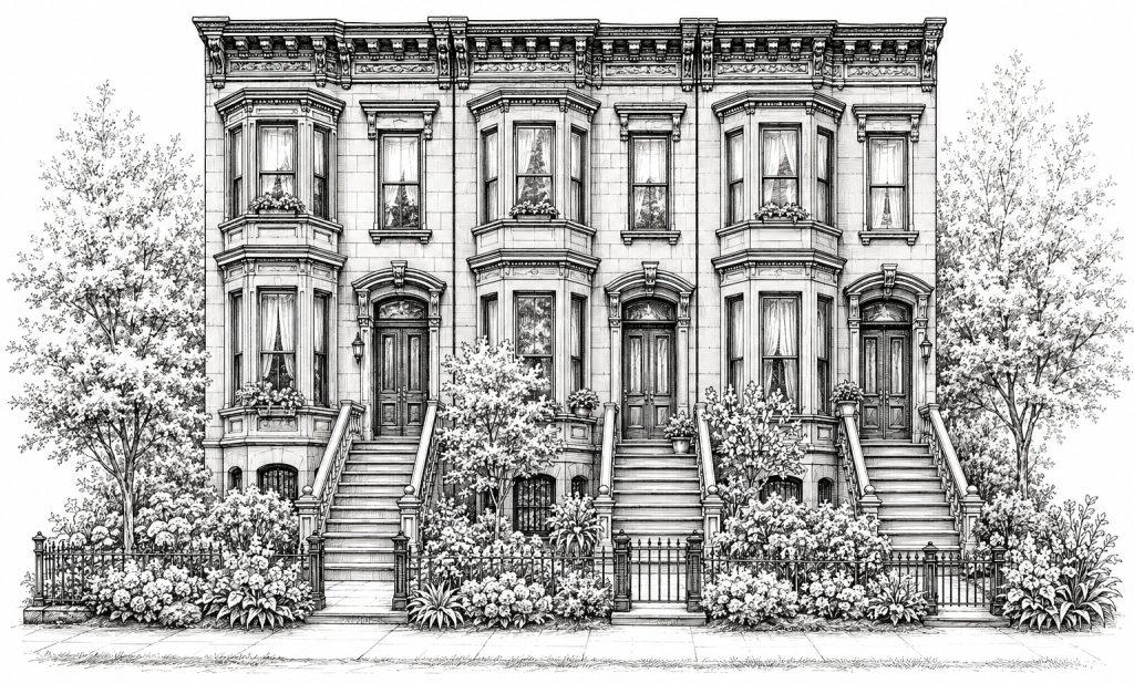 A detailed black-and-white illustration of three connected Victorian-style townhouses with ornate facades, tall windows, front stoops, iron railings, and lush shrubs and trees in front.