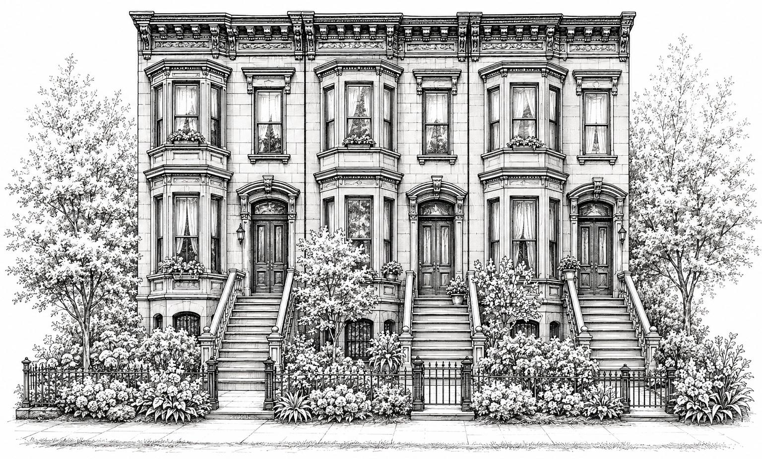 A detailed black-and-white illustration of three connected Victorian-style townhouses with ornate facades, tall windows, front stoops, iron railings, and lush shrubs and trees in front.