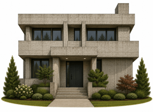 A modern two-story house with a flat roof, large windows, and concrete exterior, surrounded by neatly trimmed shrubs, trees, and a small lawn. Steps lead to a black front door.