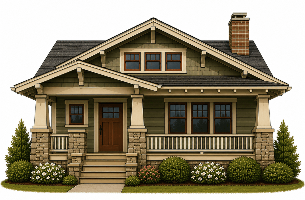 A charming craftsman-style house with green siding, dark roof, front porch, brick chimney, wooden door, and white railing, surrounded by bushes and small trees.