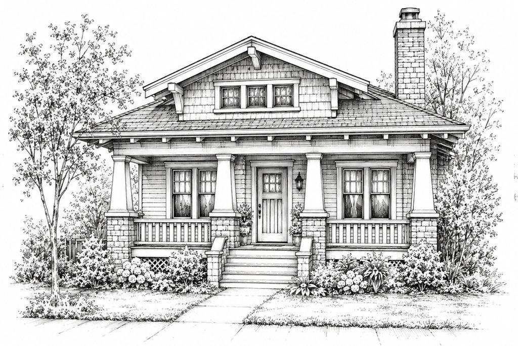 Black and white sketch of a charming craftsman-style house with a covered front porch, four columns, shingled exterior, dormer windows, chimney, and a landscaped yard with bushes and trees.