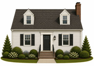 A charming, small, two-story house with gray siding, black shutters, a dark front door, brick steps, and a brick chimney, surrounded by neatly trimmed bushes and evergreen trees.