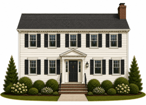 A two-story colonial-style house with white siding, black shutters, a central front door with steps, a brick chimney, and neatly landscaped bushes and trees on either side of the entryway.
