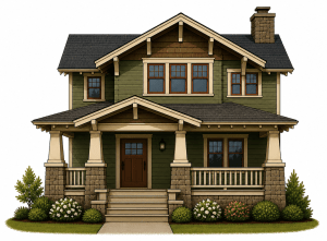 Two-story Craftsman-style house with green siding, a covered front porch supported by thick columns, brown double front doors, multiple windows, and landscaped shrubs and flowers along the walkway.