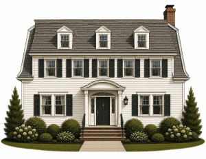 A classic two-story house with a gray gambrel roof, white siding, green shutters, three dormer windows, a central front porch, and neatly trimmed shrubs and trees on either side of the entrance.