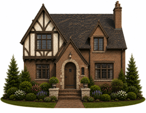 A charming Tudor-style brick house with a steep roof, timber accents, arched wooden door, and multiple windows, surrounded by neatly landscaped shrubs, flowers, and two tall evergreen trees.