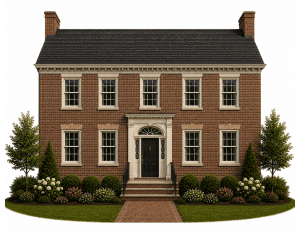 A symmetrical, two-story brick house with a dark shingled roof, six windows, a central black front door with decorative trim, chimney stacks, and neatly landscaped bushes and flowers in front.