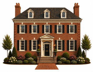 A two-story red brick colonial house with black shutters, dormer windows, white trim, and a central entrance with columns. Symmetrical landscaping features shrubs, flowers, and two small trees.