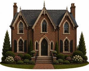 A two-story brick Gothic Revival house with pointed arch windows, decorative trim, black shutters, and a central front door. The house is surrounded by manicured bushes, flowers, and two tall evergreen trees.