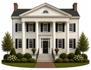 A large, white, two-story colonial-style house with tall columns, black shutters, a central front door, brick pathway, symmetrical windows, and neatly landscaped bushes and trees in front.