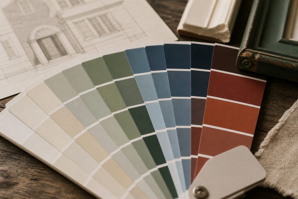 A fan of paint color samples in various shades of beige, green, blue, and red is spread out on a wooden table beside a sketch of a house, a green frame, a piece of molding, and a fabric swatch.