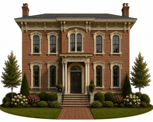 A symmetrical two-story brick house with tall arched windows, ornate columns framing a dark double door, and neat landscaping with bushes, flowers, and small trees on either side of the entrance.