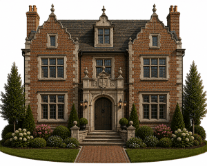 A large, elegant brick mansion with steep gabled roofs, ornate stone trim, and a grand arched doorway, surrounded by manicured bushes, flowering plants, and two tall trees.