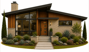A modern mid-century house with large windows, wood and brick exterior, a slanted roof, and neatly landscaped front yard featuring vibrant plants, shrubs, rocks, and two tall trees on each side of the entrance.