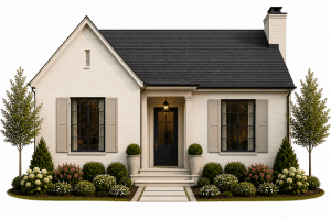 A charming single-story house with a dark roof, light-colored brick exterior, shuttered windows, a central door, front steps, and a neatly landscaped yard with bushes, flowers, and two small trees.