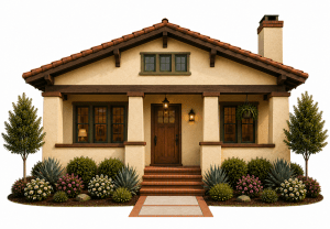 A charming, single-story house with a red-tiled roof, beige stucco walls, wooden door, front porch, and steps. The yard is landscaped with bushes, flowering plants, small trees, and a neat path to the entrance.