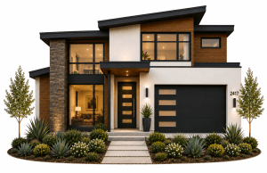 Modern two-story house with large windows, a mix of wood, stone, and white siding, black garage door, and a landscaped front yard featuring agave plants, shrubs, and two small trees.