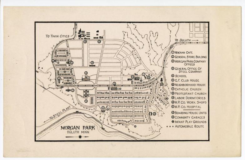 Black and white illustrated map of Morgan Park in Duluth, Minnesota, showing roads, buildings, and landmarks like churches, dormitories, garages, school, and club house, with labeled symbols and main automobile routes.