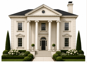 A grand two-story neoclassical house with four tall white columns, symmetrical windows, a black front door, manicured shrubs, white flowers, and a gray roof.