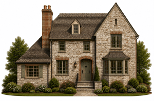 A two-story stone house with a gabled roof, brick chimney, and bay window. The entrance has steps, and the home is surrounded by trimmed bushes and trees.