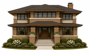 A two-story brick house with large windows, a central front door, multiple steps leading to the entrance, and symmetrical landscaping with green bushes and white flowers on both sides.