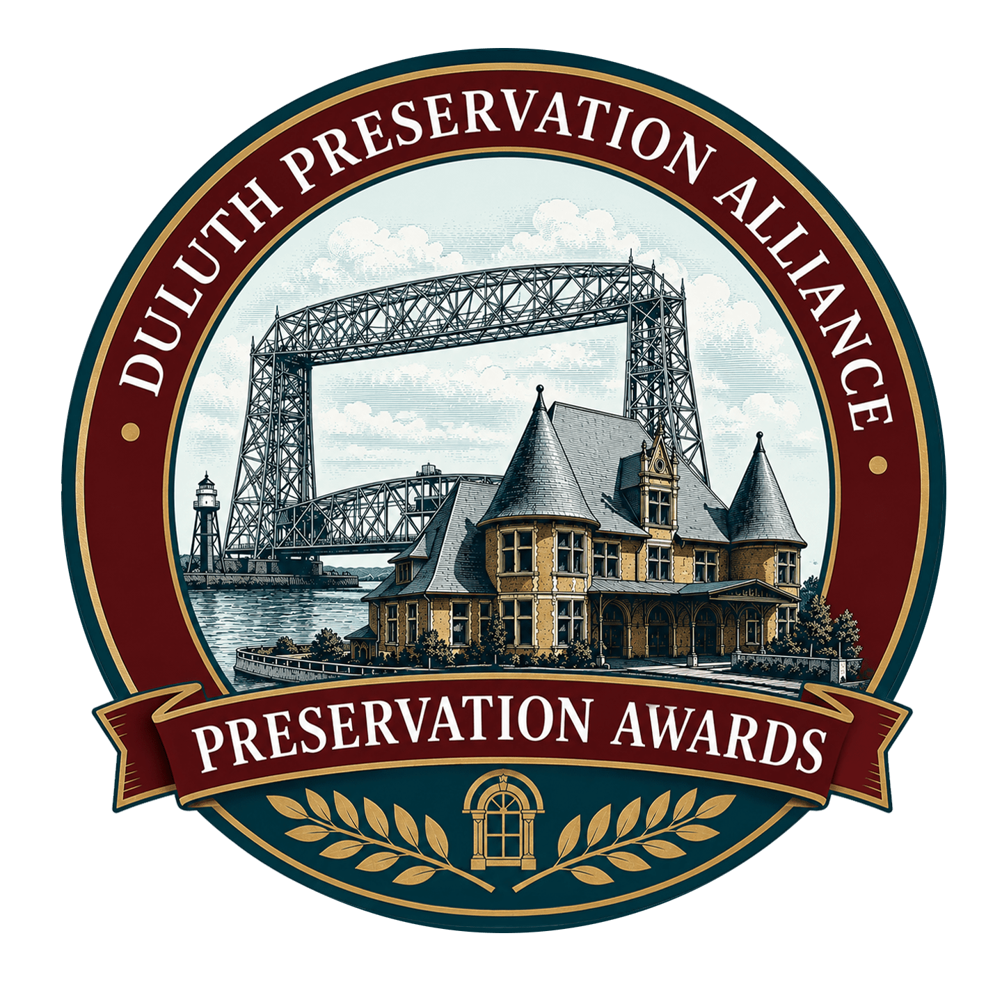 A circular emblem for the Duluth Preservation Alliance featuring a bridge and historic building, with the text "Duluth Preservation Alliance" around the top and "Preservation Awards" on a ribbon at the bottom.