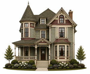 A two-story Victorian house with a turret, ornate trim, large windows, and a covered porch. The yard features neatly trimmed bushes, blooming flowers, and two small trees on either side of the walkway.
