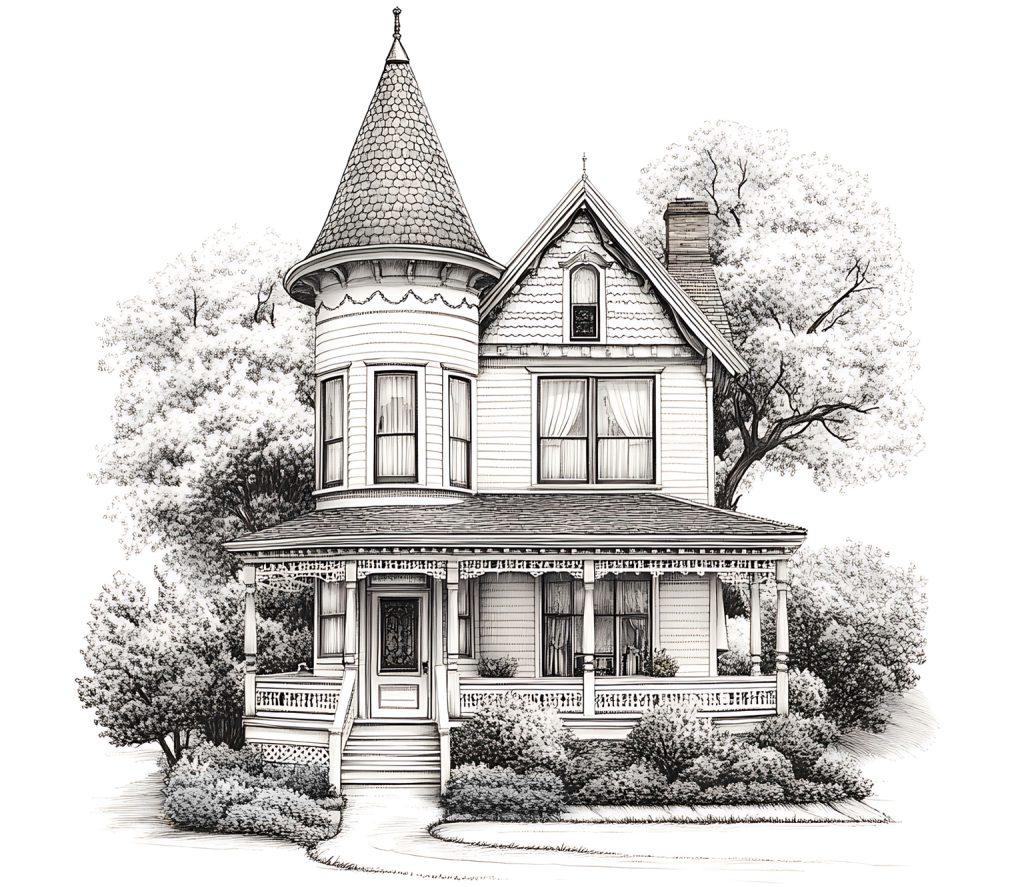 A detailed black and white illustration of a Victorian-style house with a turret, wraparound porch, ornate trim, large windows, and lush trees and bushes surrounding the home.