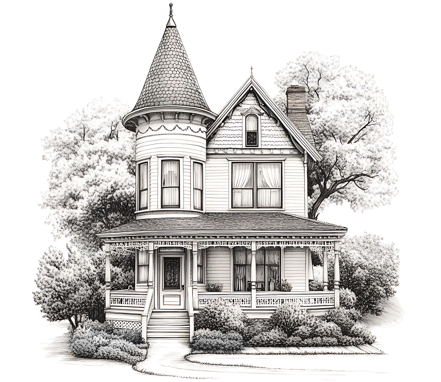 A detailed black and white illustration of a Victorian-style house with a turret, wraparound porch, ornate trim, large windows, and lush trees and bushes surrounding the home.