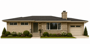 A single-story beige house with a dark roof, a stone chimney, attached garage, front door with steps, and neatly landscaped bushes and flowers in the yard.
