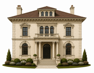 A grand, symmetrical beige stone mansion with arched windows, columns, a central balcony, and double front doors, surrounded by manicured bushes, flowers, and neatly trimmed grass.
