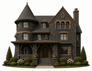 A large, dark stone Victorian house with a round turret, arched windows, and a covered front porch, surrounded by neatly trimmed bushes and flower beds.