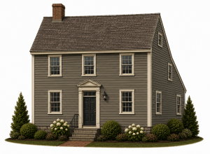 A two-story gray house with white trim, a black front door, and a brick chimney. Shrubs, white flowers, and two tall evergreen trees are in the neatly landscaped front yard.