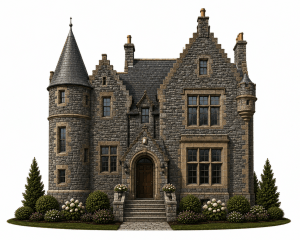 A large stone house with pointed roofs, a round turret, arched wooden door, and many windows, surrounded by neatly trimmed bushes, flowers, and evergreen trees on either side.