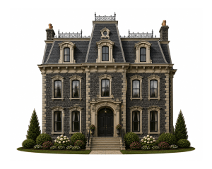 A large, ornate Victorian-style house with dark stone walls, arched windows, a central entrance with double doors, and decorative ironwork on the roof, surrounded by neatly trimmed bushes and flower beds.