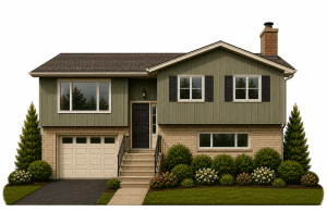 A split-level house with green siding, black shutters, a single-car garage, brick lower level, central stairs leading to a black front door, and landscaped bushes and trees in the front yard.