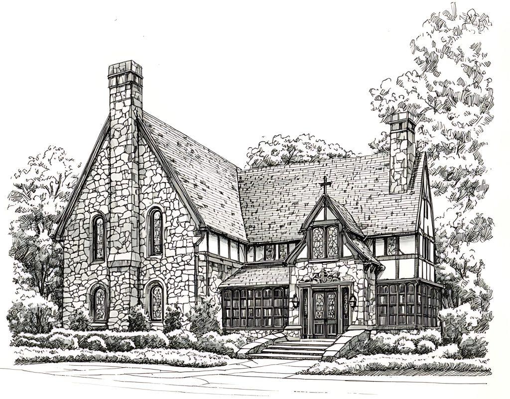A detailed black-and-white illustration of a stone church with a gabled roof, arched windows, and a central entrance. Trees and bushes surround the church, and a pathway leads to the entrance.