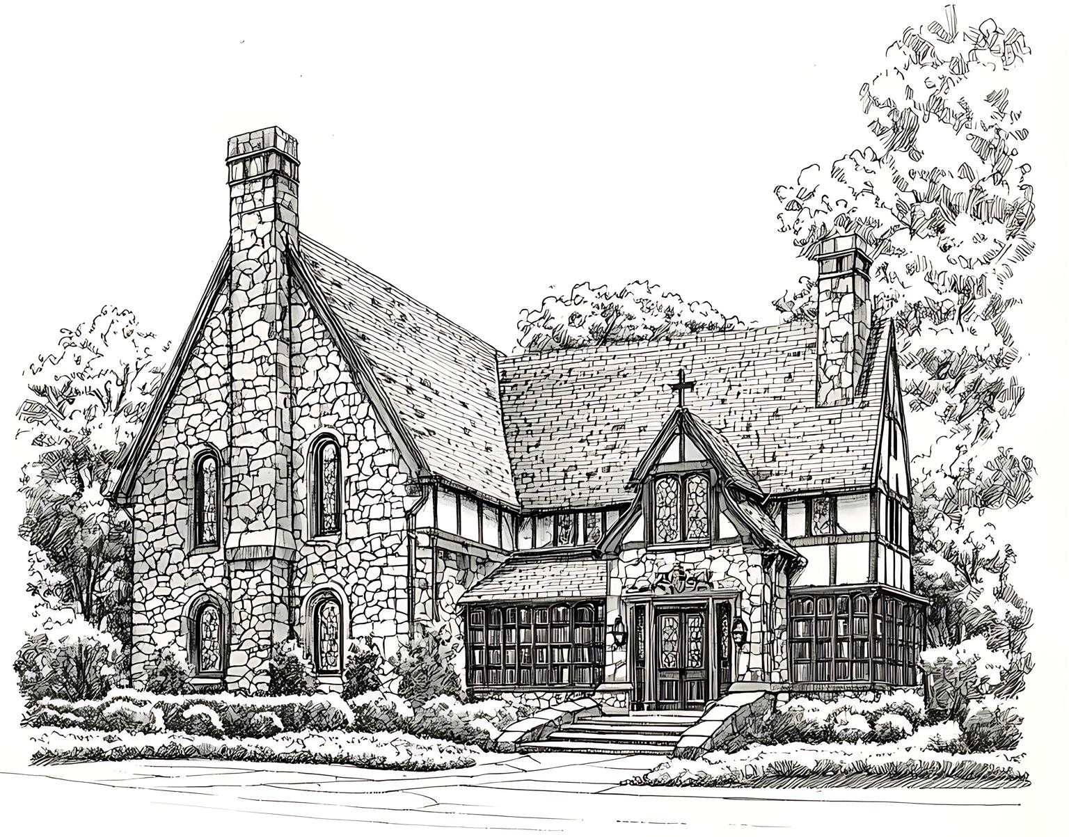 A detailed black-and-white illustration of a stone church with a gabled roof, arched windows, and a central entrance. Trees and bushes surround the church, and a pathway leads to the entrance.