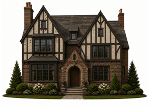 A two-story Tudor-style house with brick and timber exterior, steep roof, arched wooden front door, large windows, and landscaped garden with bushes and small trees.